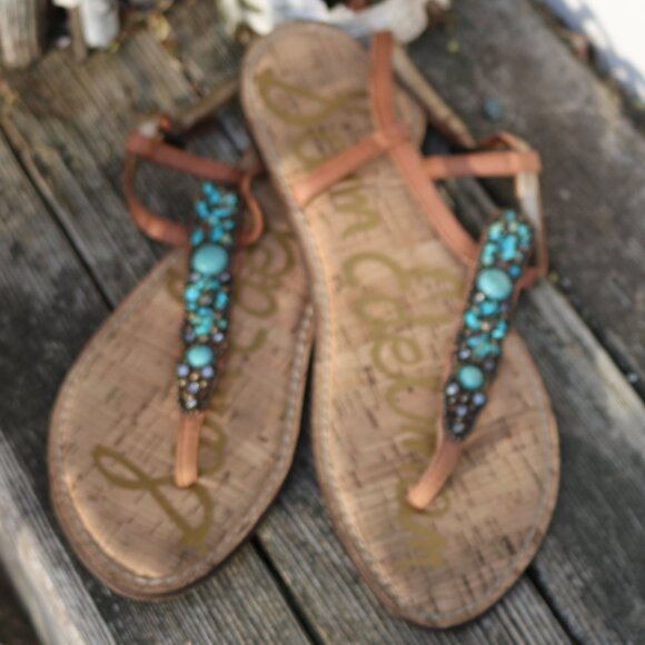 Sam Edelman Shoes - Sam Edelman Turquoise Stone Thong Tan Leather Cork Footbed Flat Sandals Sz 9